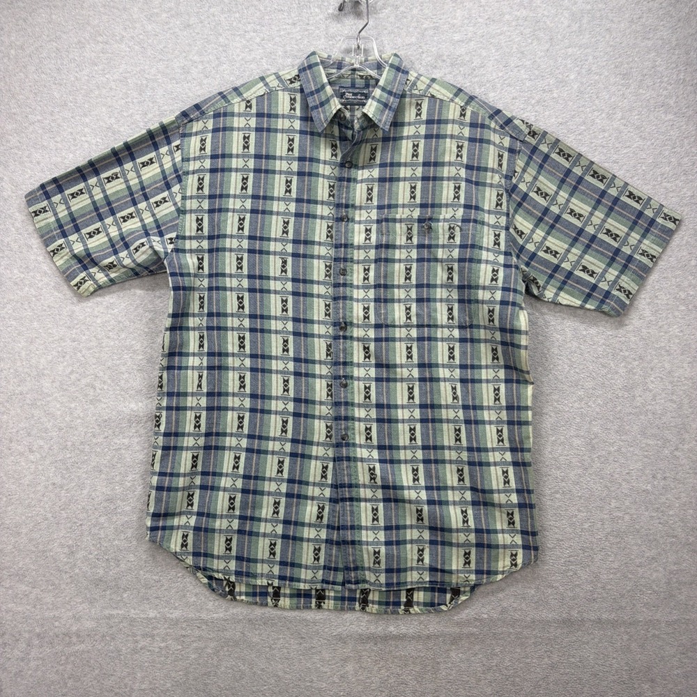Pier Connection Shirt Men XL Blue Green Plaid Tribal Aztec Button Up Vintage 90s